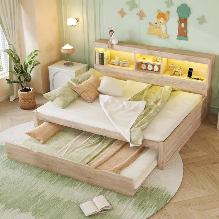 Letto imbottito 140x200 cm con spazio contenitore, porta USB-C e luci LED RGB, struttura in tessuto simile al lino color beige, con rete a listelli in legno e testiera