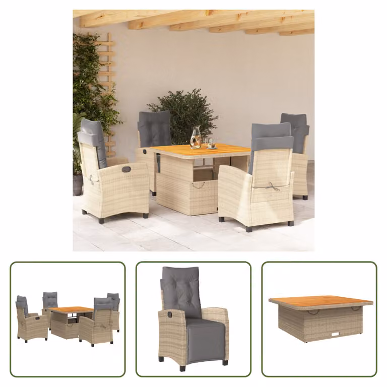 The Living Store Set da pranzo da giardino 5 pezzi con cuscini Beige poly rattan