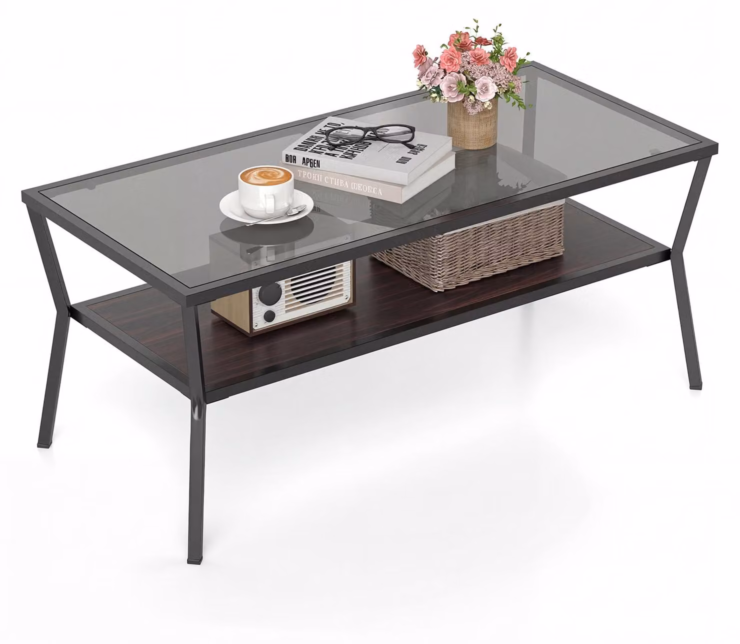 Tavolino KOMFOTTEU con 2 ripiani, tavolino rettangolare per il soggiorno, con piano in vetro temperato e struttura in metallo, moderno tavolino laterale con ripiano, ideale per soggiorno, ufficio, dimensioni 106,5 x 50,5 x 46,5 cm