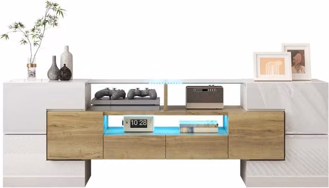 Mobile TV Lowboard moderno, 145 cm, bianco lucido con superficie in vetro elegante e illuminazione LED, per soggiorno