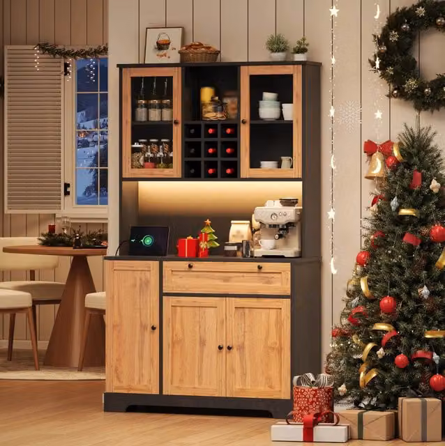 Credenza buffet con LED; prese; 5 ante; 1 cassetto; mensole regolabili; MDF; 180x105x40 cm