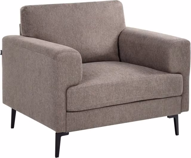 Poltrona minimalista in stile moderno di metà secolo con rivestimento in tessuto, gambe in metallo imbottite e braccioli lineari, colore marrone