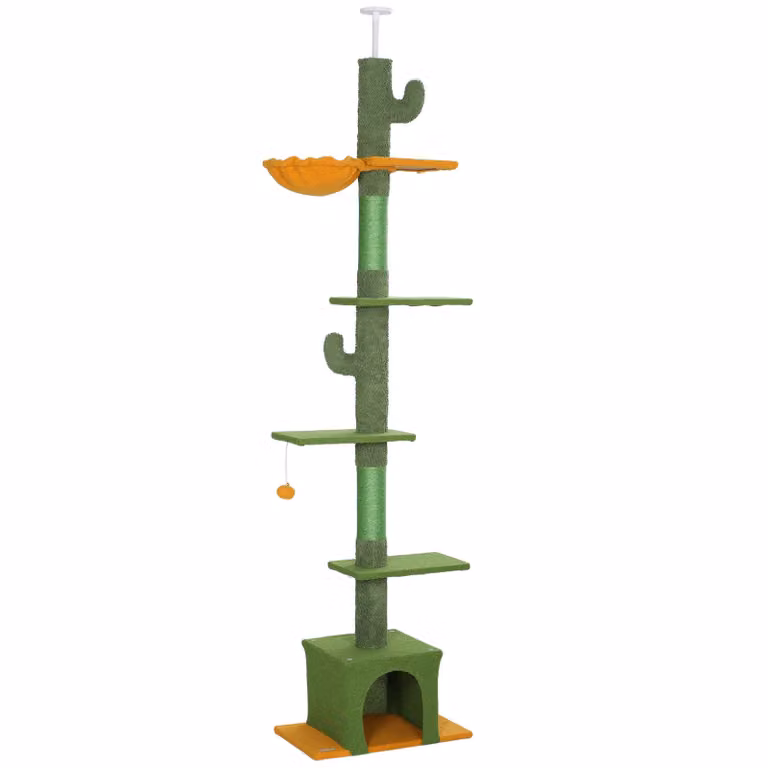 Albero per gatti Moonbite, alto fino a 230–275 cm, con cuccia, amaca e sistema di sicurezza anticaduta, rivestito in morbido tessuto tipo peluche, adatto per 1-2 gatti, in poliestere, colore verde