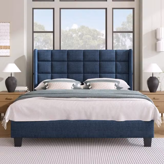 Letto matrimoniale imbottito 140 × 200 cm con rete a doghe testiera alta in lino blu e piedi neri