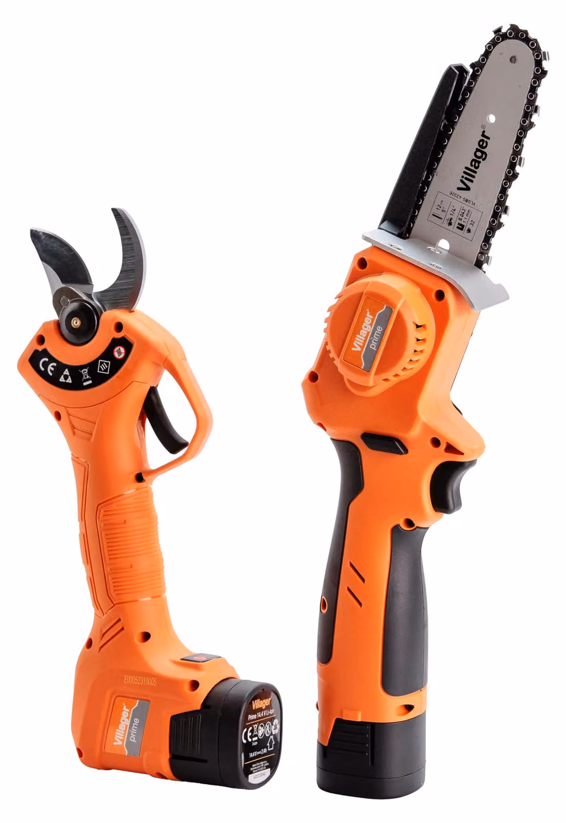 Set di attrezzi da giardino a batteria VILLAGER VPS 2 PRIME: potatore a mano e motosega compatta - 14,4V Li-Ion