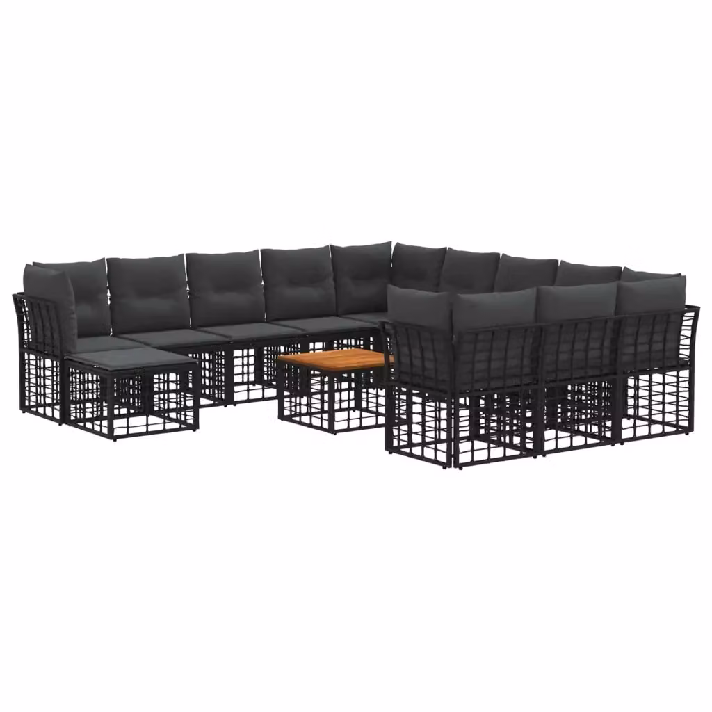 Set di divani da esterno vidaXL a forma di U composto da 13 pezzi con tavolino, pouf ed elementi angolari, colore nero e grigio, struttura in acciaio verniciato a polvere e legno di acacia con cuscini in poliestere e schiuma – 2