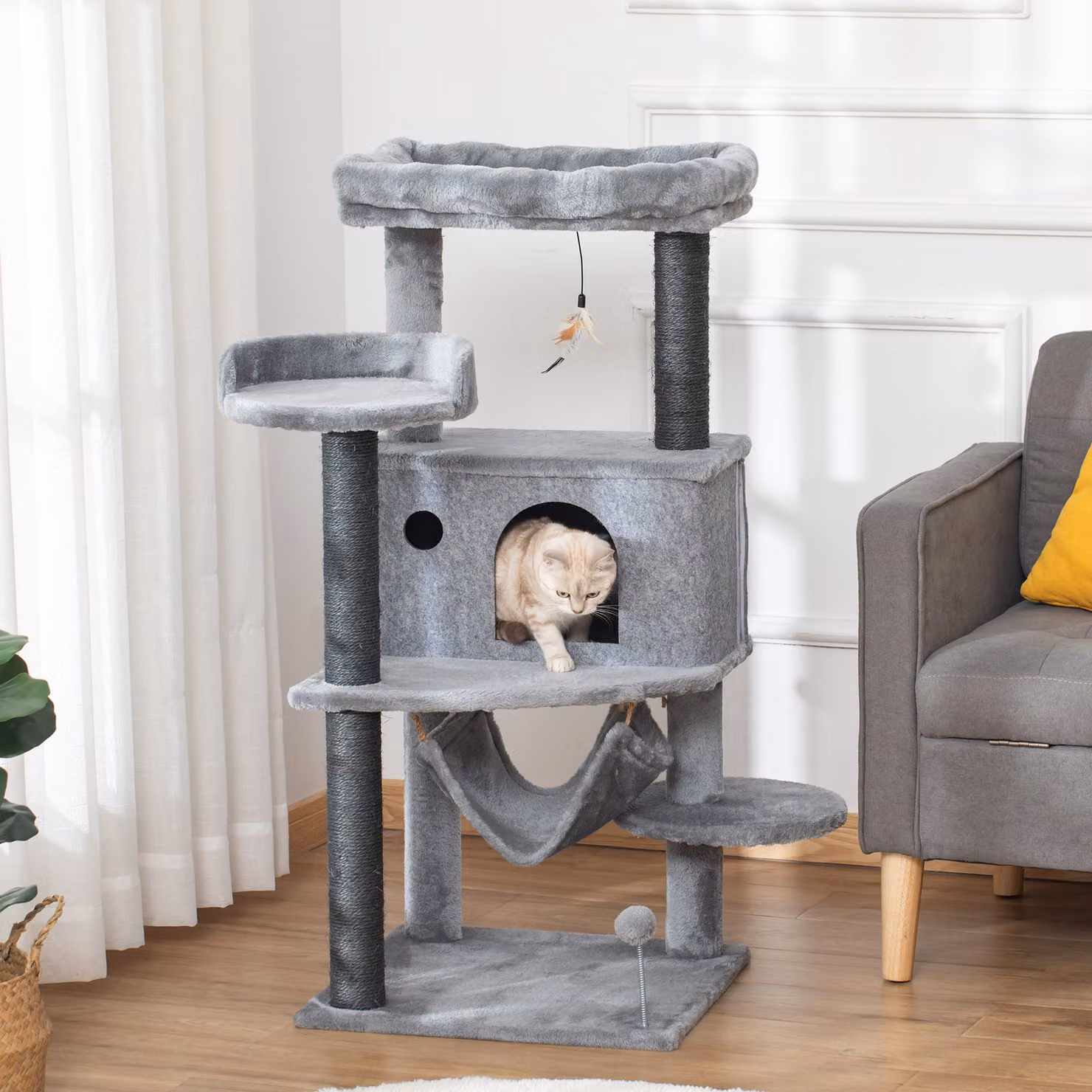 Albero Tiragraffi per Gatti PawHut con Casetta, Amaca e Giochi Integrati, Grigio, L/P/H: 48 x 48 x 107 cm – 2
