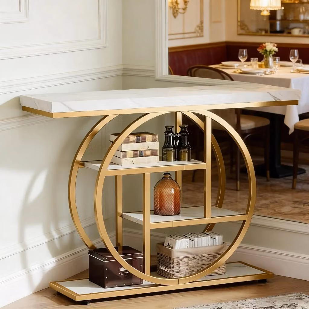 Tavolo Console REDOM in Metallo e Legno con 4 Livelli, Oro, Bianco e Marrone, L/P/H: 105 x 30 x 80 cm – 2