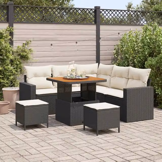 Set Divano da Giardino 9 pz 6-Numero di posti Nero e Crema 3363560