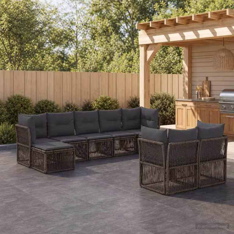 Set Divano da Giardino vidaXL 9 pz a forma a U in Polyrattan Grigio con Cuscini e Struttura in Acciaio