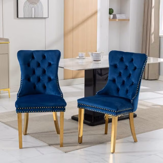 Sedia da pranzo OKWISH in velluto blu con schienale alto, imbottitura in schiuma con molle e gambe in legno massello