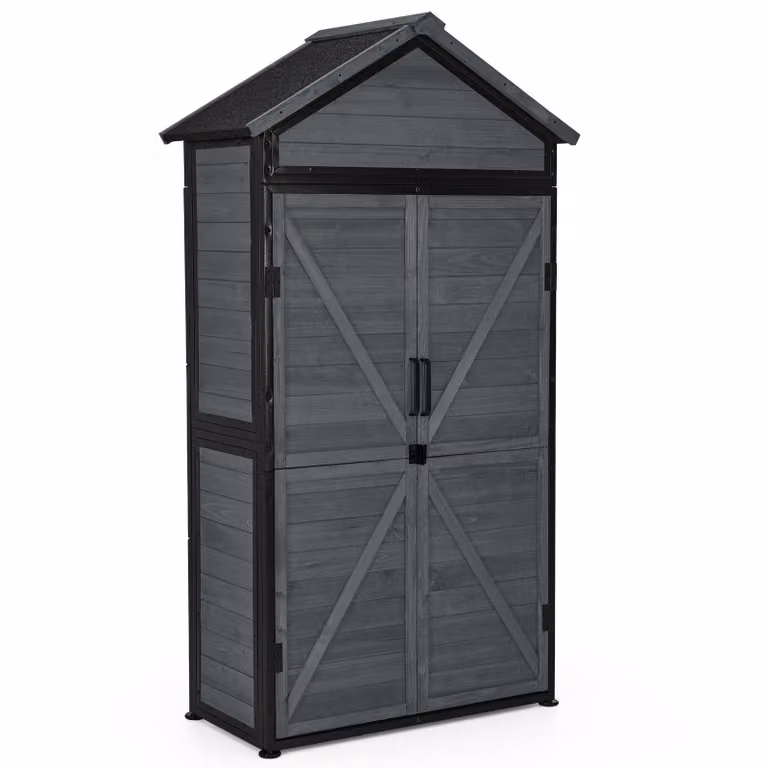 M MCombo Armadietto da giardino, casetta da giardino in legno con struttura in metallo, resistente alle intemperie, ripostiglio da esterno, per giardino e terrazza, 2736 (grigio)