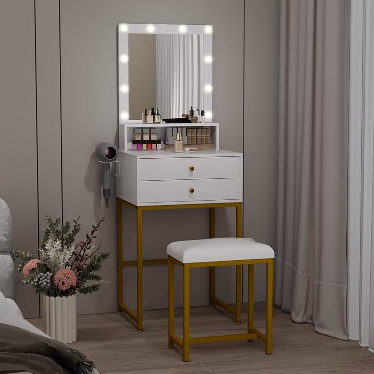 Tavolino da toilette Fullwatt Illuminazione LED Specchio Sgabello 3 colori Luminosità 2 cassetti Scomparti aperti Porta asciugacapelli Moderno