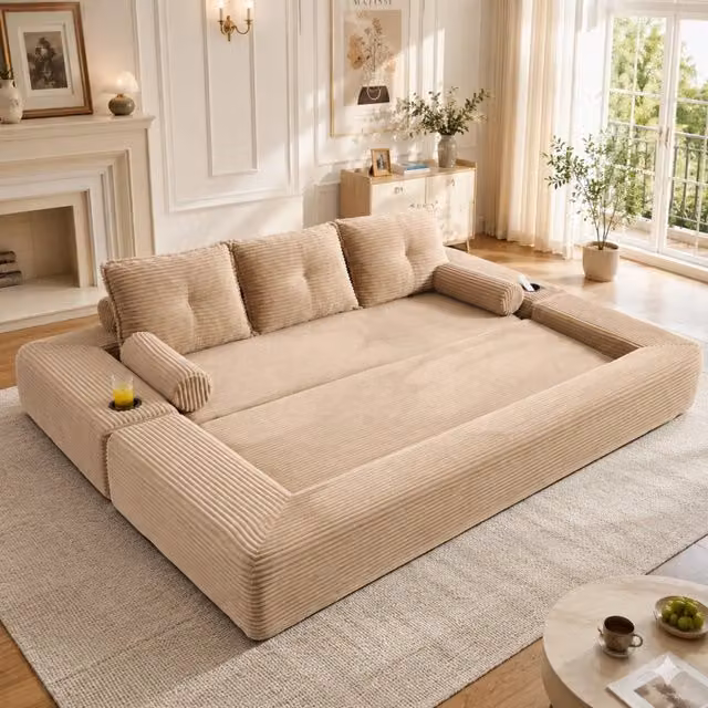 Divano Letto 3 Posti Pieghevole con Cuscini e Portabicchieri ¨C MINIMAL ¨C Tessuto a Coste