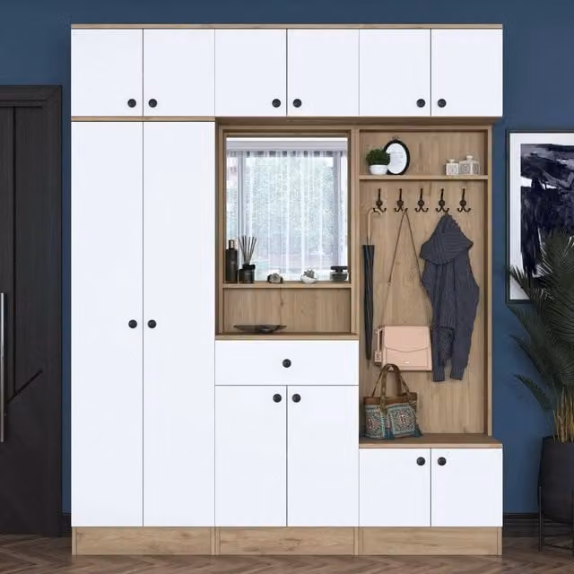 Mobile da ingresso Adonis DMORA con specchio, Marrone Noce e Bianco, L: 180 cm, P: 38 cm, H: 226 cm