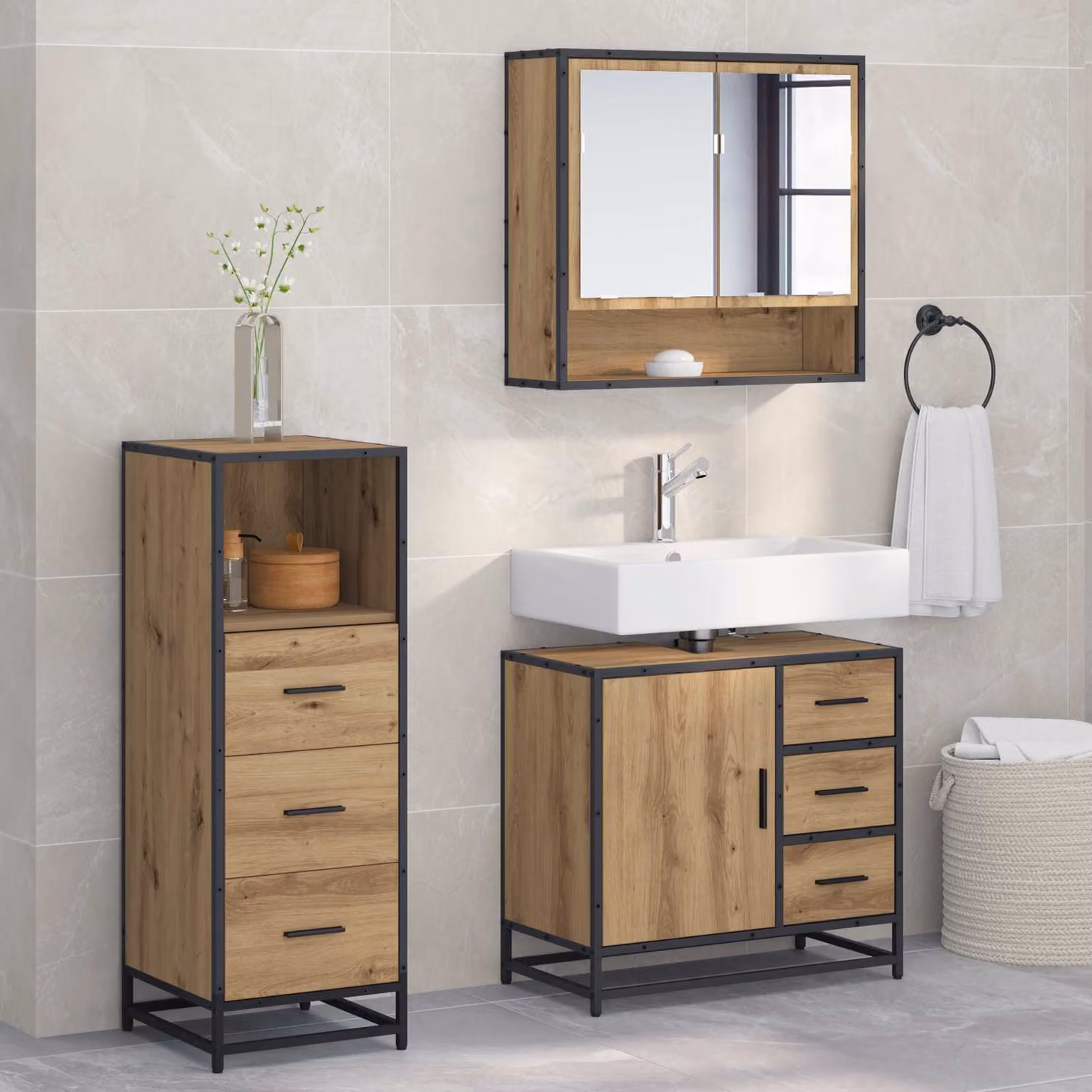 Set di mobili per il bagno moderno vidaXL in 3 pezzi color rovere con armadietto a specchio, mobile lavabo e mobiletto laterale