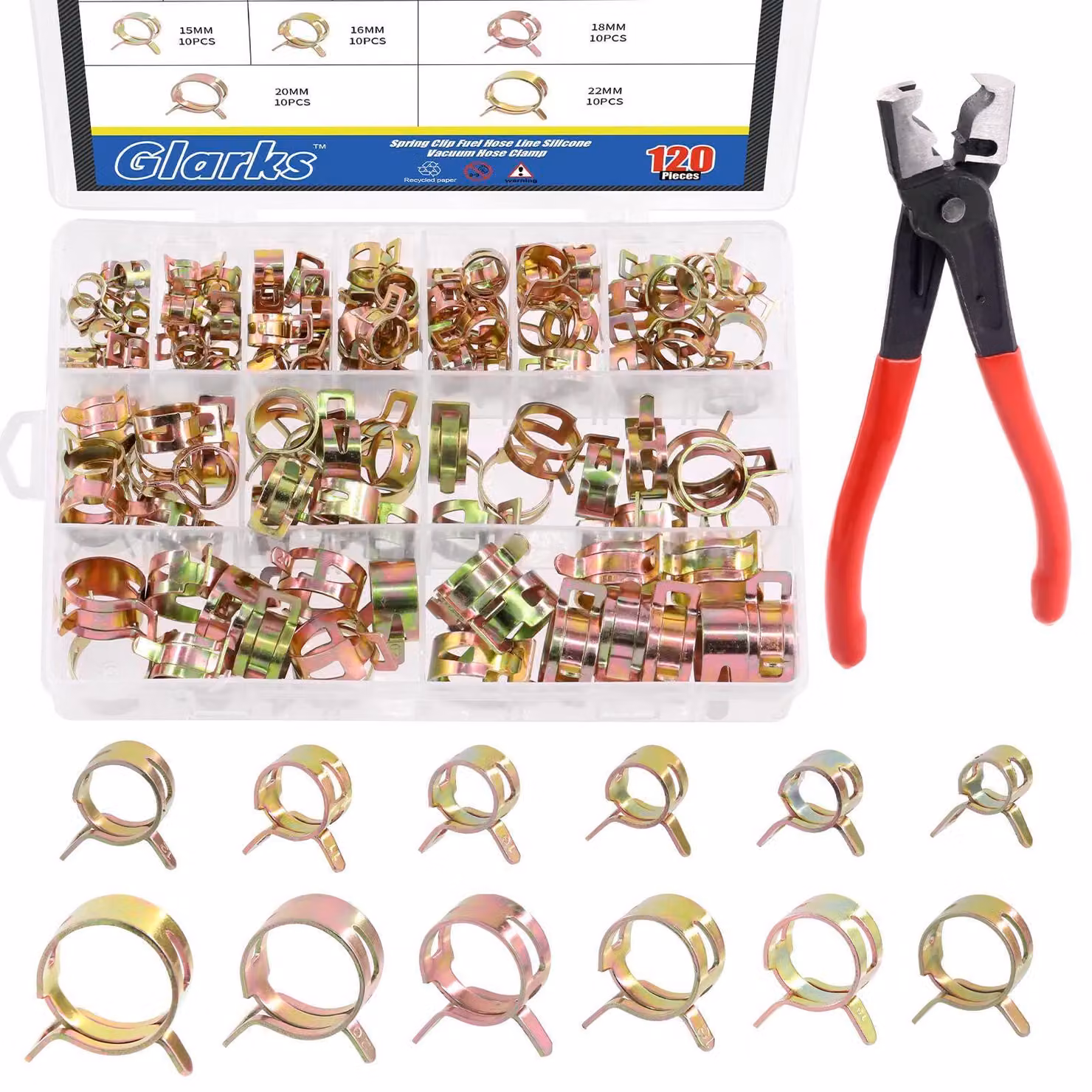 Set di 121 fascette per tubi di 12 diverse dimensioni, completo di pinza per fascette