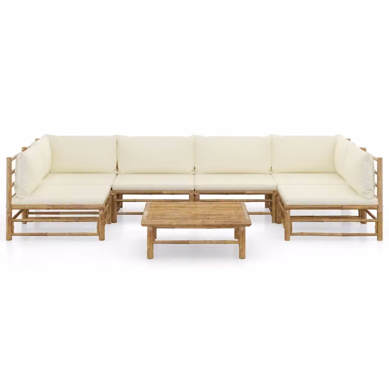 Set Salotto da Giardino 7pz con Cuscini Bianco Crema in Bambù