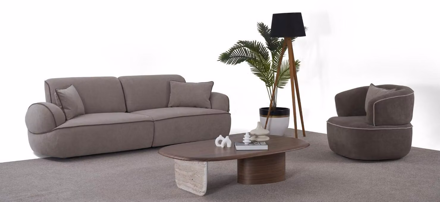 Beiges Wohnzimmer Set Designer 3-Sitzer Robuster Couchtisch 2tlg-
