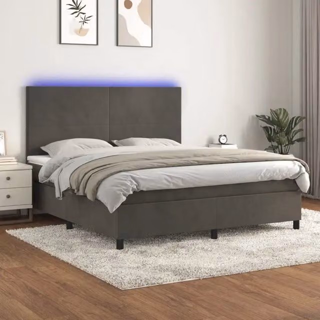 Letto matrimoniale moderno vidaXL con materasso ibrido, illuminazione LED sottostante e porta USB, rivestimento in tessuto grigio, L/P/H: 160 x 200 x 128 cm – 1