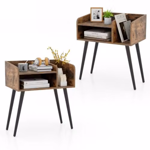 Helloshop26 Set di 2 comodini moderni, 50 x 32 x 58 cm, con contenitore a 2 livelli e gambe in metallo, colore: Marrone rustico 20_0012522