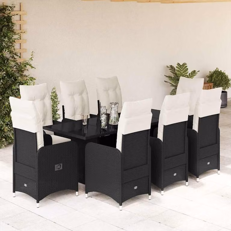 Set Bistrò da Giardino e Balcone vidaXL 9 pz in Polyrattan e Metallo con Piano in Vetro Nero