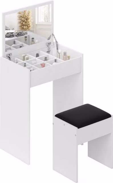 Tavolo da toletta moderno HOMCOM con specchio retrattile e sgabello contenitore, bianco e nero, L: 60.2 cm, P: 40.2 cm, H: 79 cm
