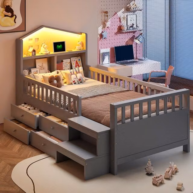 Letto a casetta Mivray per bambini in legno grigio con quattro cassetti, scala, illuminazione LED e porte USB/Type-C, L/P/H: 200 x 90 x 116 cm