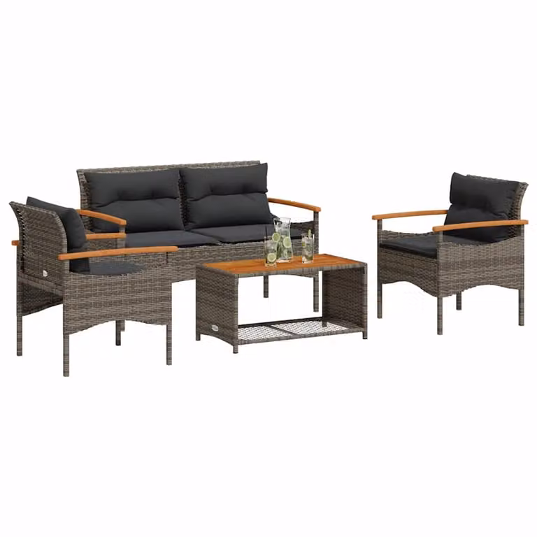 Set da giardino vidaXL 4 pezzi in rattan grigio con cuscini e tavolino da esterno in acciaio e legno di acacia