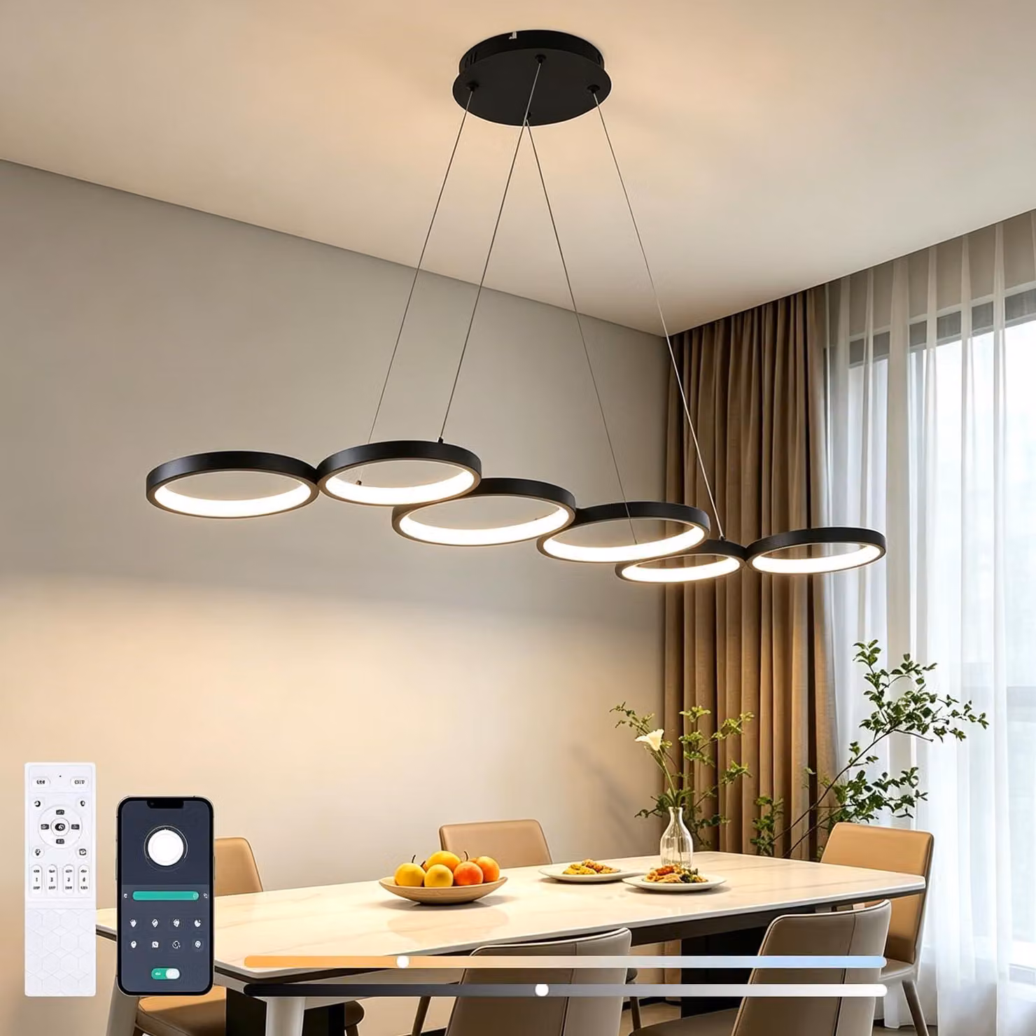 Lampada a sospensione LED, 113 cm, 69W, nera, dimmerabile, ideale per la sala da pranzo