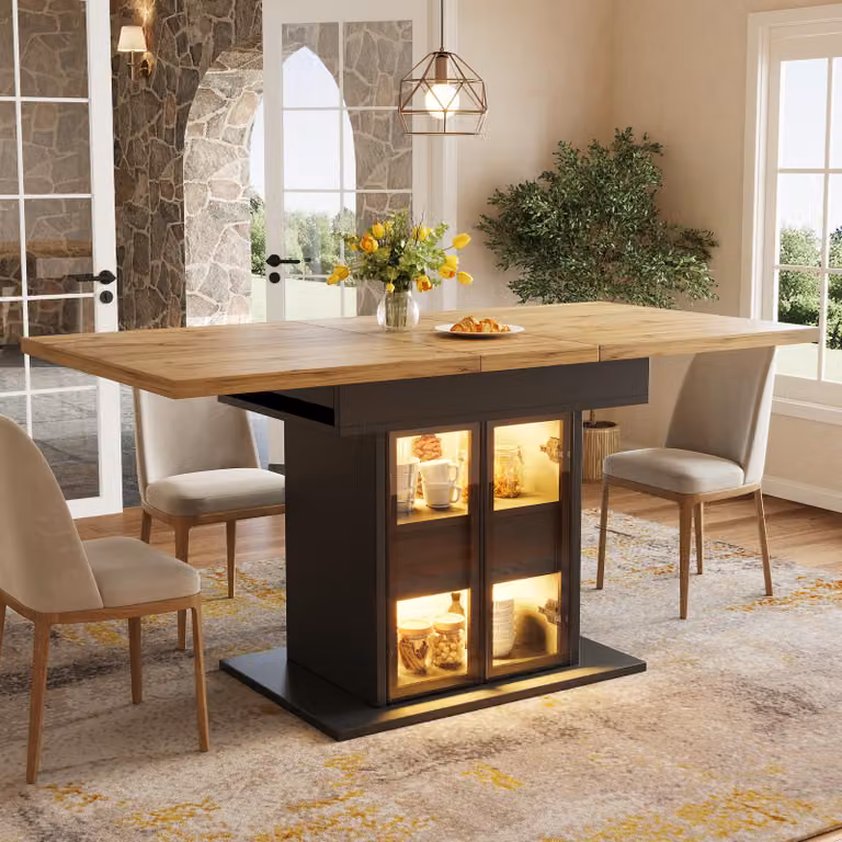 Tavolo da pranzo estensibile con spazio contenitore, illuminazione LED RGB, dimensioni 110–140 cm, tavolo da cucina con ante scorrevoli in vetro, maniglie a pressione nascoste, colore nero
