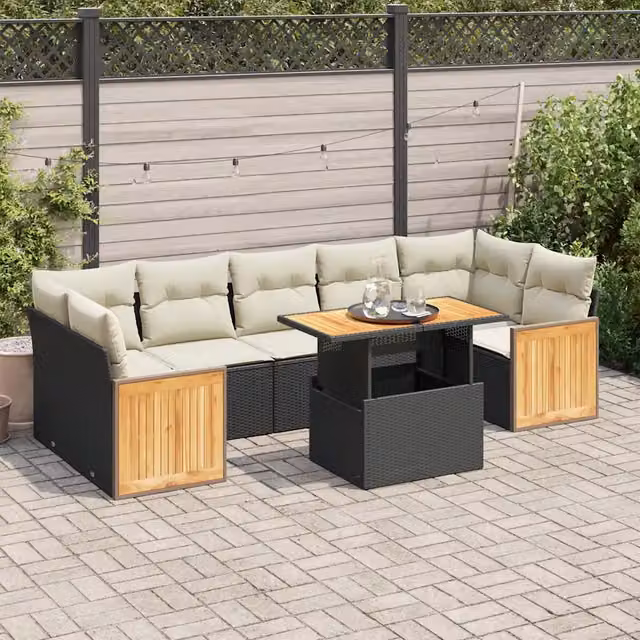 Set Divani da Giardino con Cuscini 8 pz Nero Polyrattan Acacia 3327682