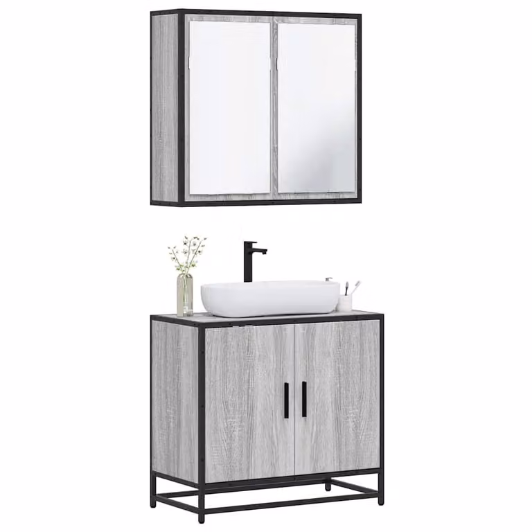 Set Mobili da Bagno vidaXL in Stile Industrial con Mobile Lavabo e Armadietto con Specchio, Grigio, L/P/H: 65 x 33 x 60 cm