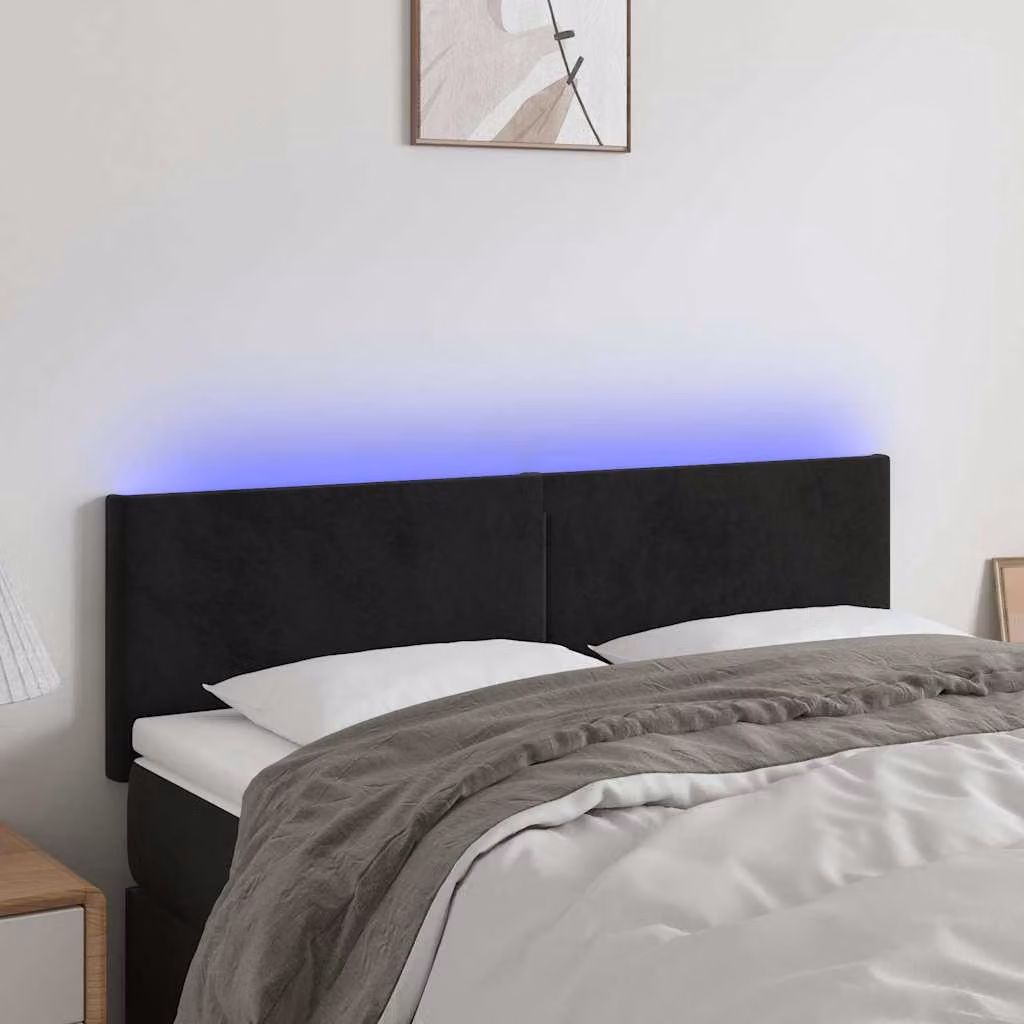 Testiera per letto vidaXL in velluto nero con illuminazione LED e porta di ricarica USB, L 144 x P 5 x H 78/88 cm