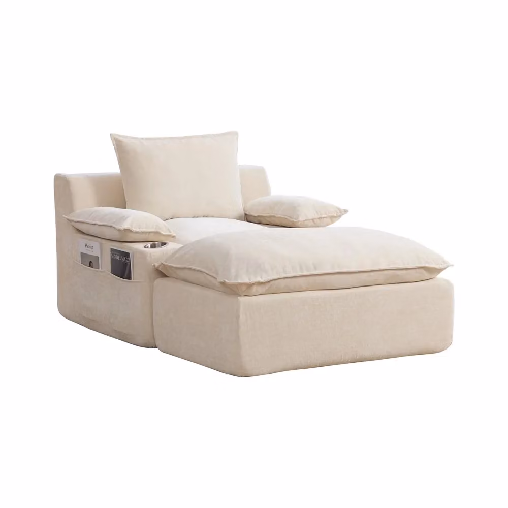 Poltrona Relax Chaise Longue Minimal Beige in Chenille con 4 Cuscini, Portabibite e Tasche Portaoggetti – 2