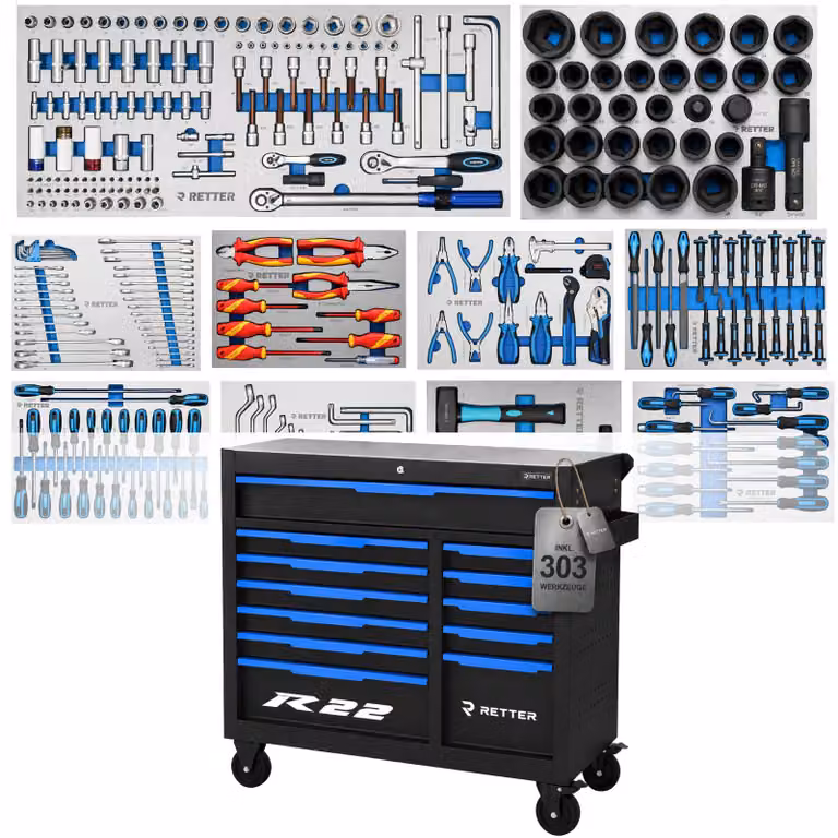 Carrello portautensili RETTER R22S con set di utensili CR-V da 303 pezzi e piano di lavoro in acciaio inossidabile con 12 cassetti