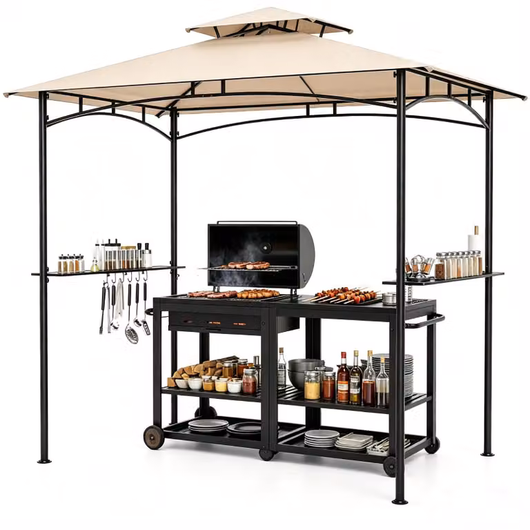 KOMFOTTEU, padiglione per barbecue da esterno, 242 x 150 cm, con tetto a due piani, 2 tavolini laterali, 6 ganci e 8 picchetti da terra. Tenda per barbecue con struttura in metallo, ideale per terrazza e giardino, perfetta per feste e barbecue