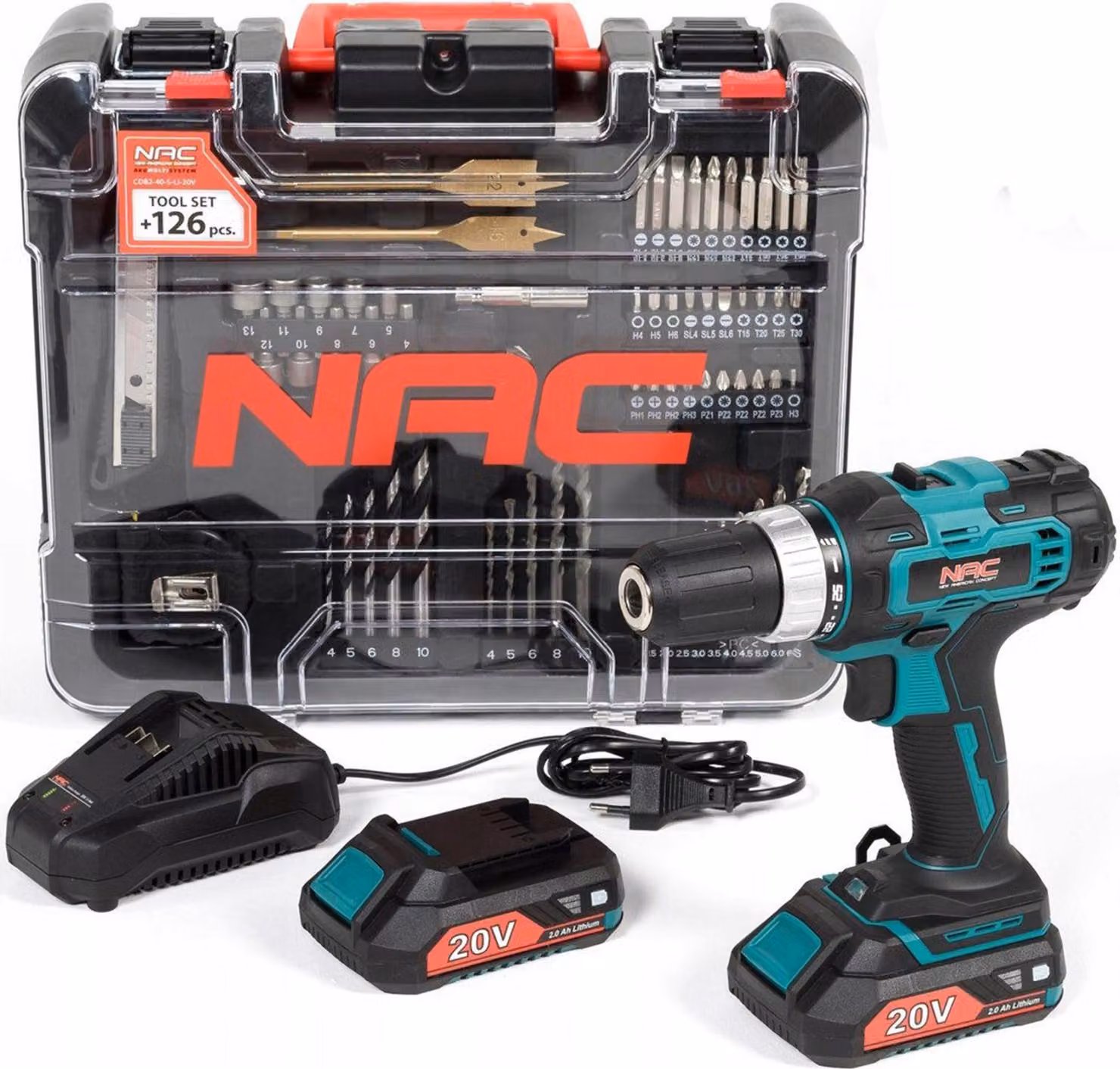 Trapano NAC AKU con accessori 126 pezzi CDB2-40-S-LI-20V (2 × 2 Ah)