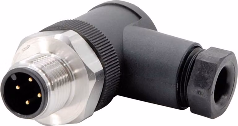 "Connettore sensore M12 connessione a vite a perno angolato, numero di poli uscita cavo a 4 poli sul lato, campo di serraggio 4,0 mm - 6,0 mm"