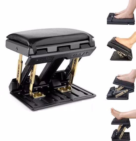 Poggiapiedi ergonomico Unyqoos® con funzione massaggio – regolabile in altezza (12 posizioni), antiscivolo, nero, in plastica, massimo 55 kg