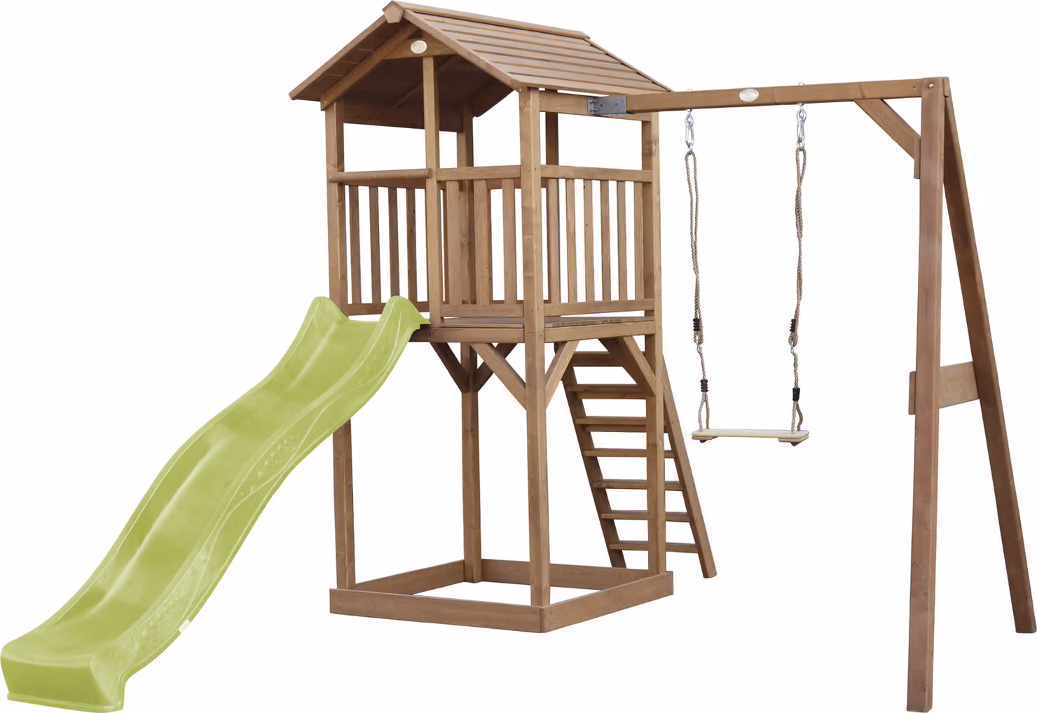 AXI Beach Tower parco giochi in legno in marrone | Torre di gioco per bambini con sabbiera, altalena e scivolo verde lime | Casa per bambini su palafitte per il giardino