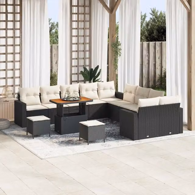 Set da giardino vidaXL a forma di U composto da 13 pezzi in rattan nero con cuscini inclusi e struttura in acciaio verniciato a polvere