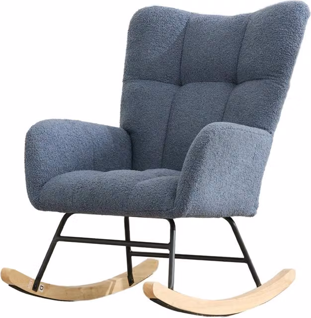 Sedia a dondolo moderna in tessuto bouclé blu con seduta imbottita in schiuma e braccioli per soggiorno o ufficio