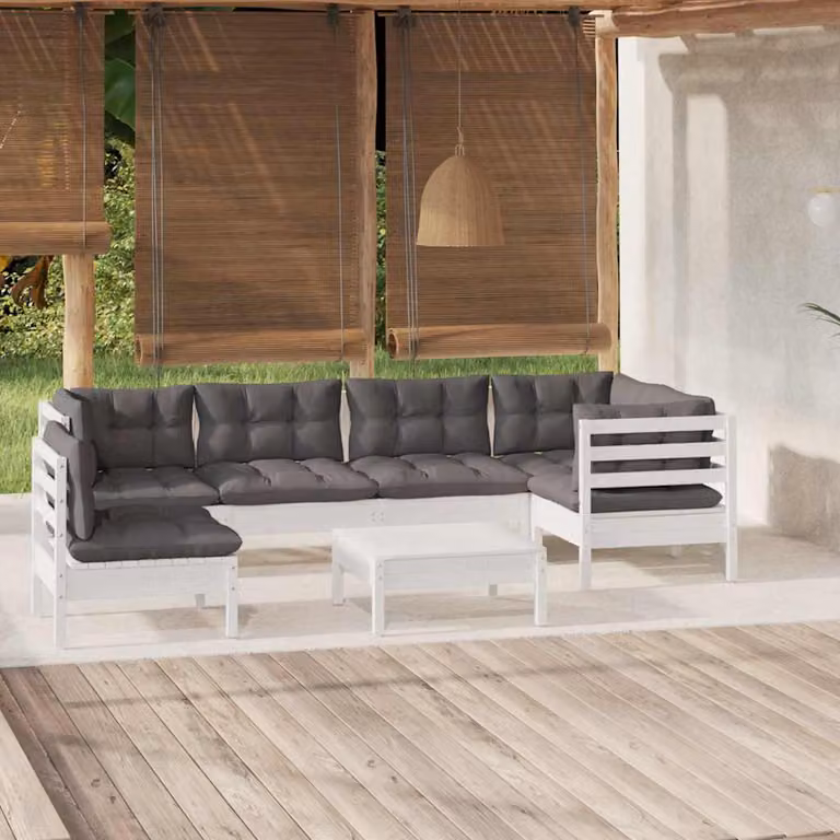 Set di divani da giardino vidaXL a forma di L composto da 7 pezzi con cuscini bianchi e antracite in legno di pino trattato