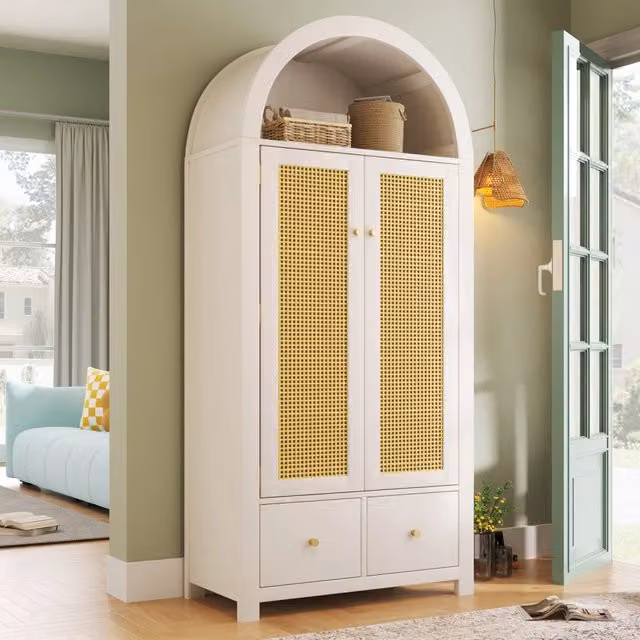 Armadio 78.0x45.0x181.0 cm con intreccio in rattan; 2 cassetti e asta appendiabiti in MDF bianco