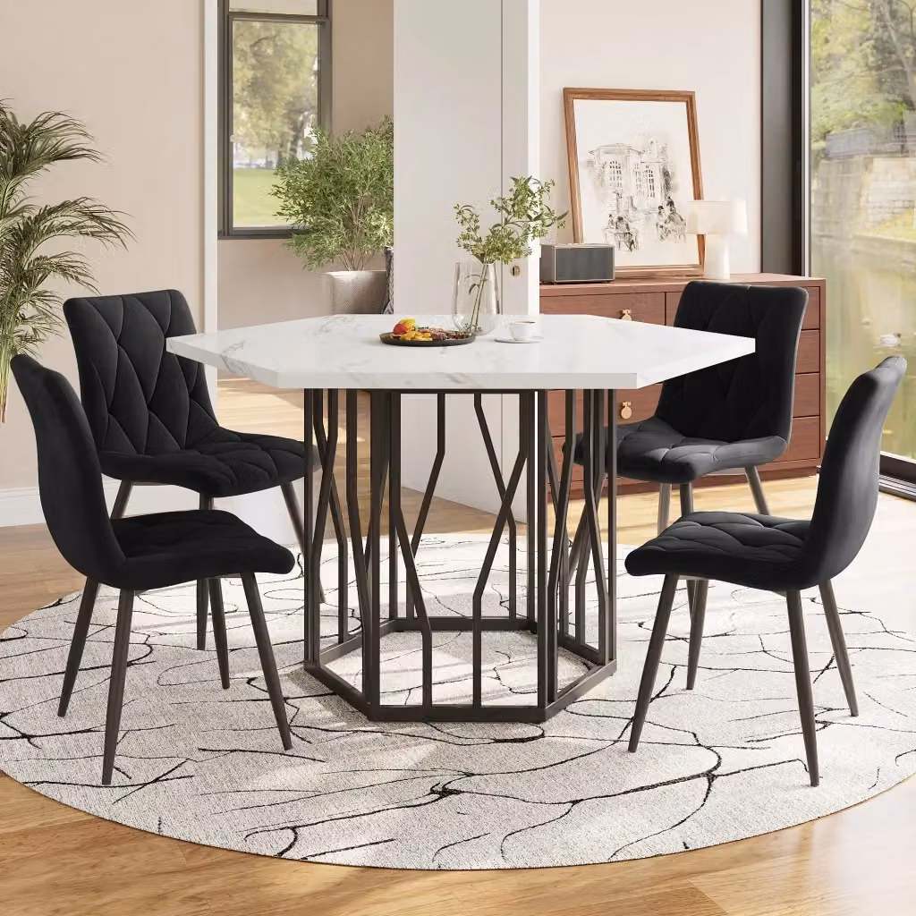 Set tavolo da pranzo Mivray con 4 sedie in velluto nero e piano esagonale effetto marmo bianco con struttura in acciaio nero