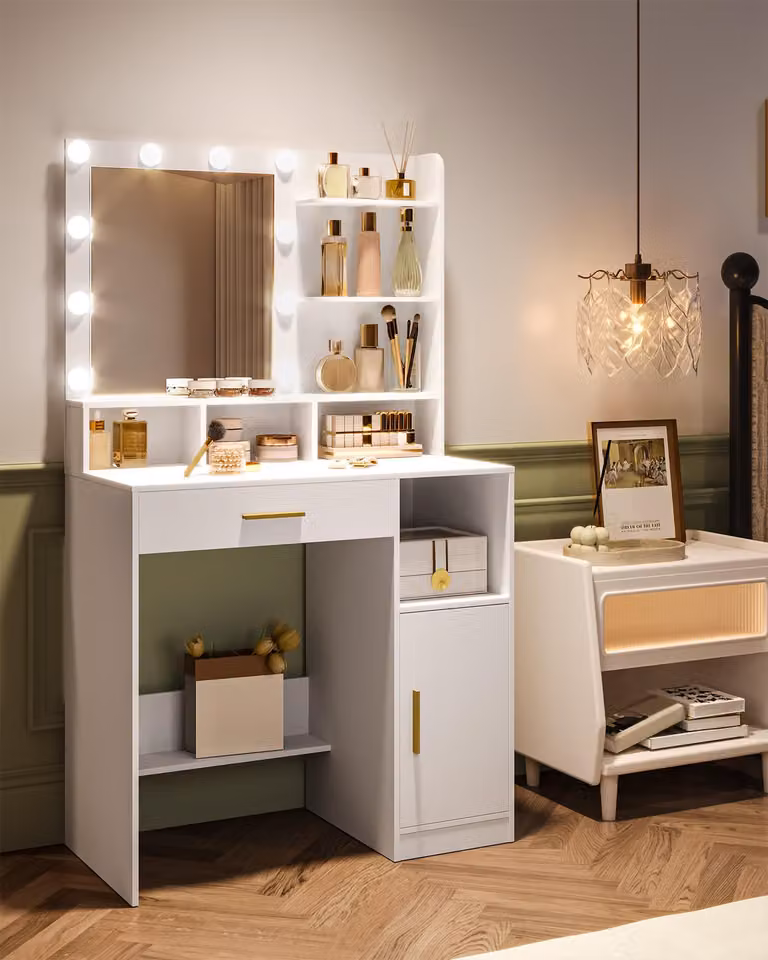 Comò con specchio - 10 luci LED - 3 ripiani, 4 vani aperti - Pannello di truciolato