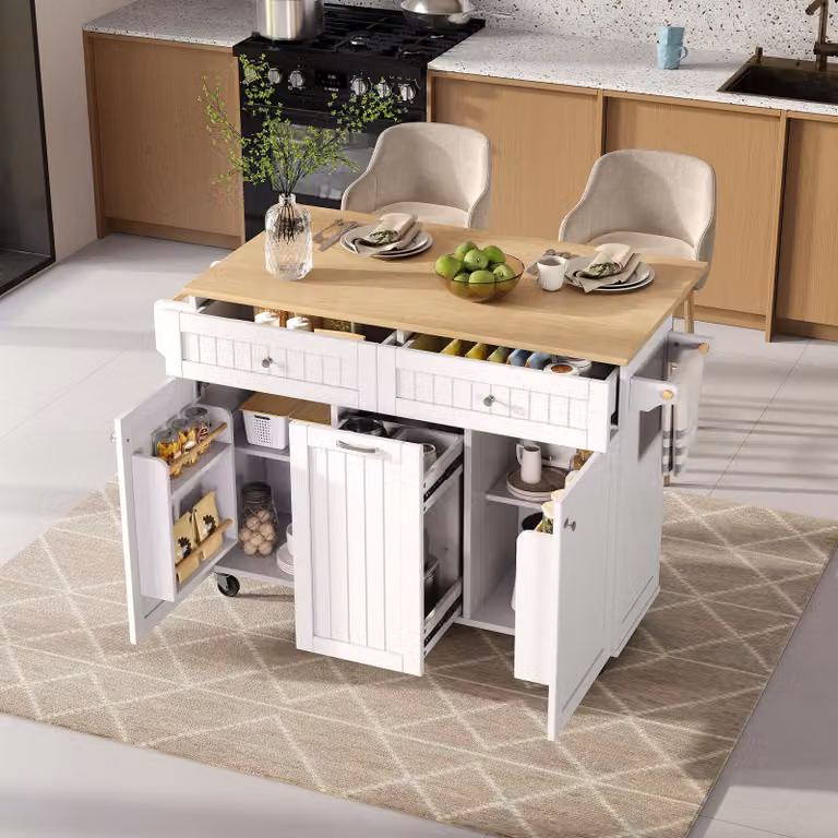Isola da cucina STILVORA con rotelle, zona pranzo estraibile, cassetti multifunzionali, per cucina e sala da pranzo, bianca