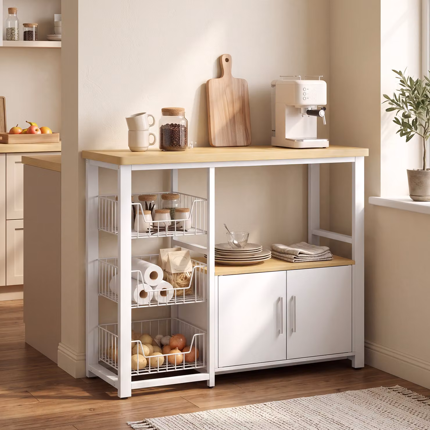 Scaffale da cucina HOMCOM con cestelli estraibili, armadietto e supporto microonde, Bianco, L 100 x P 35 x H 80 cm – 2