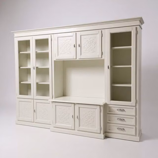 Parete attrezzata porta TV classica in legno con decoro shabby chic bianco Mobili 2G L: 300 cm, P: 53 cm, H: 225 cm